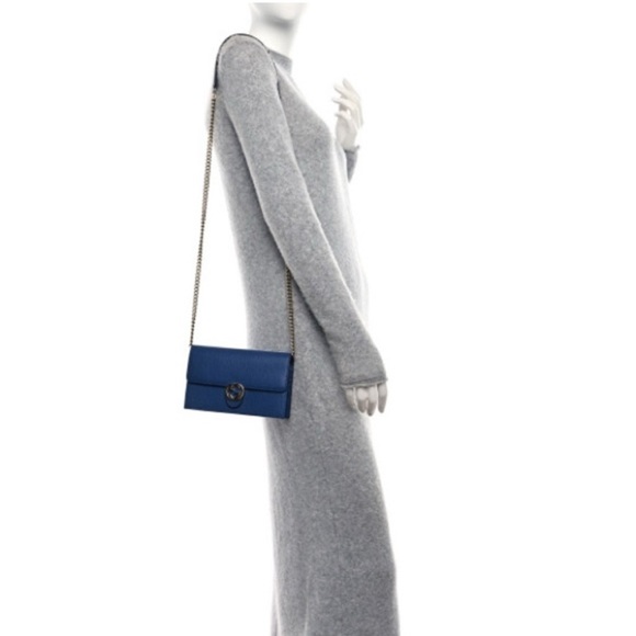 🎁 NWOT Gucci Leather Interlocking GG Chain Wallet Caspian Blue - Picture 3 of 7